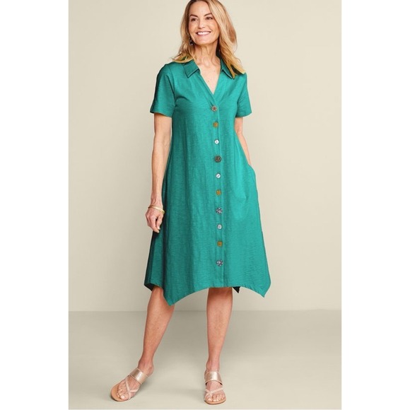 Soft Surroundings Danielle Button Dress XL Teal Asym Hem Pocket Casual Comfy - Picture 1 of 11